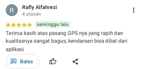 Ulasan Google Maps dari Rafly Alfahrezi, bintang 5: Terima kasih atas pasang GPS nya yang rapih dan kualitasnya sangat bagus, kendaraan bisa diliat dari aplikasi.